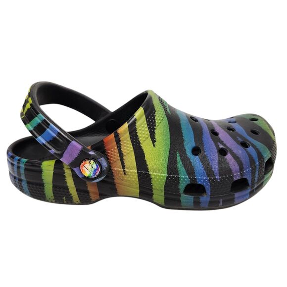 Crocs Classic Clogs Womens 6 Mens 4 Black Rainbow Zebra Stripes Slip On Casual - Picture 3 of 10